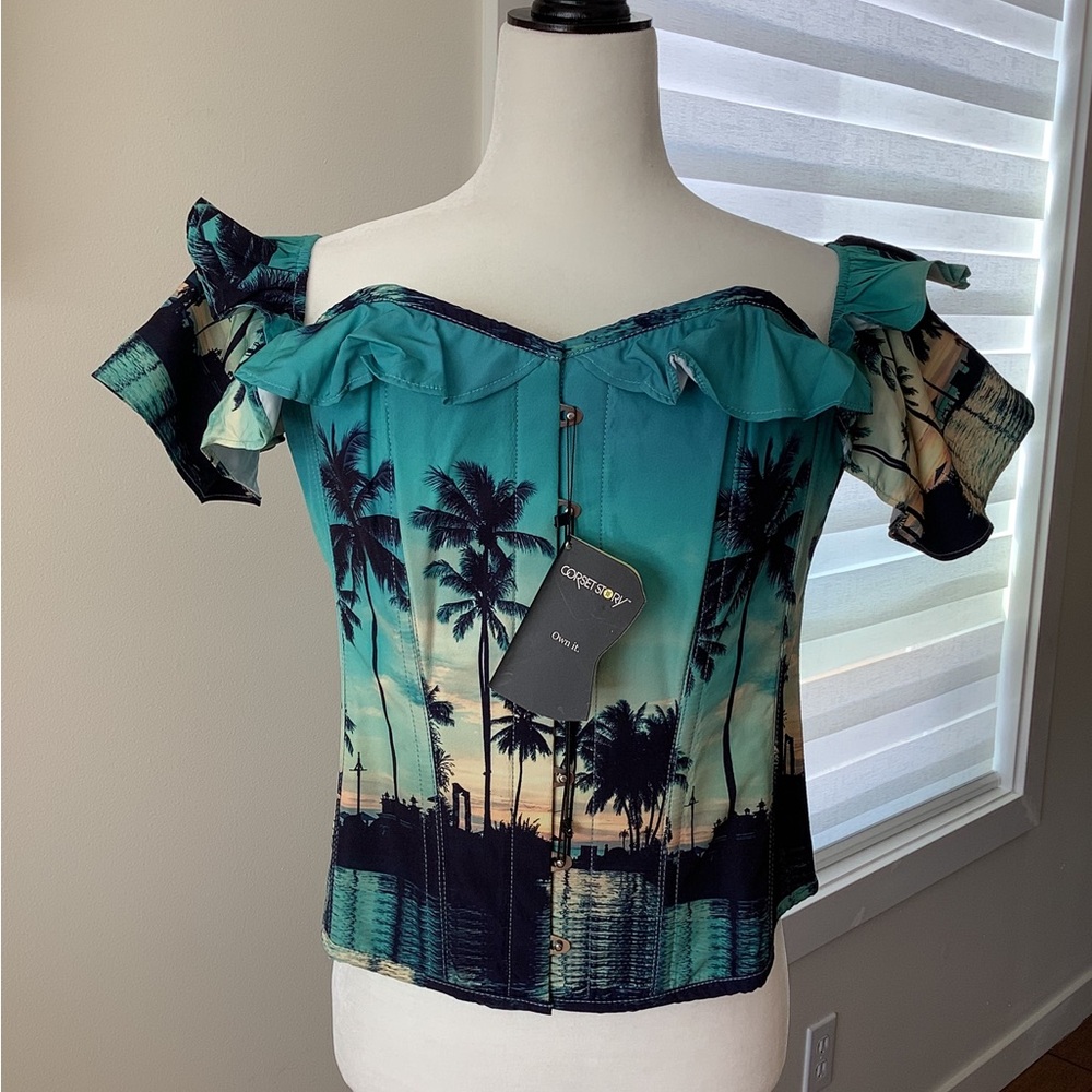 Corset Story Teal Tropical Palm Off-Shoulder Corset Top , Brand New 🌀